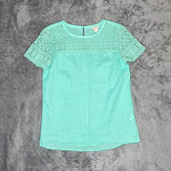 J Crew 100% Linen Embroidered  Lace Trim Short Sleeve Blouse Top - Picture 2 of 7